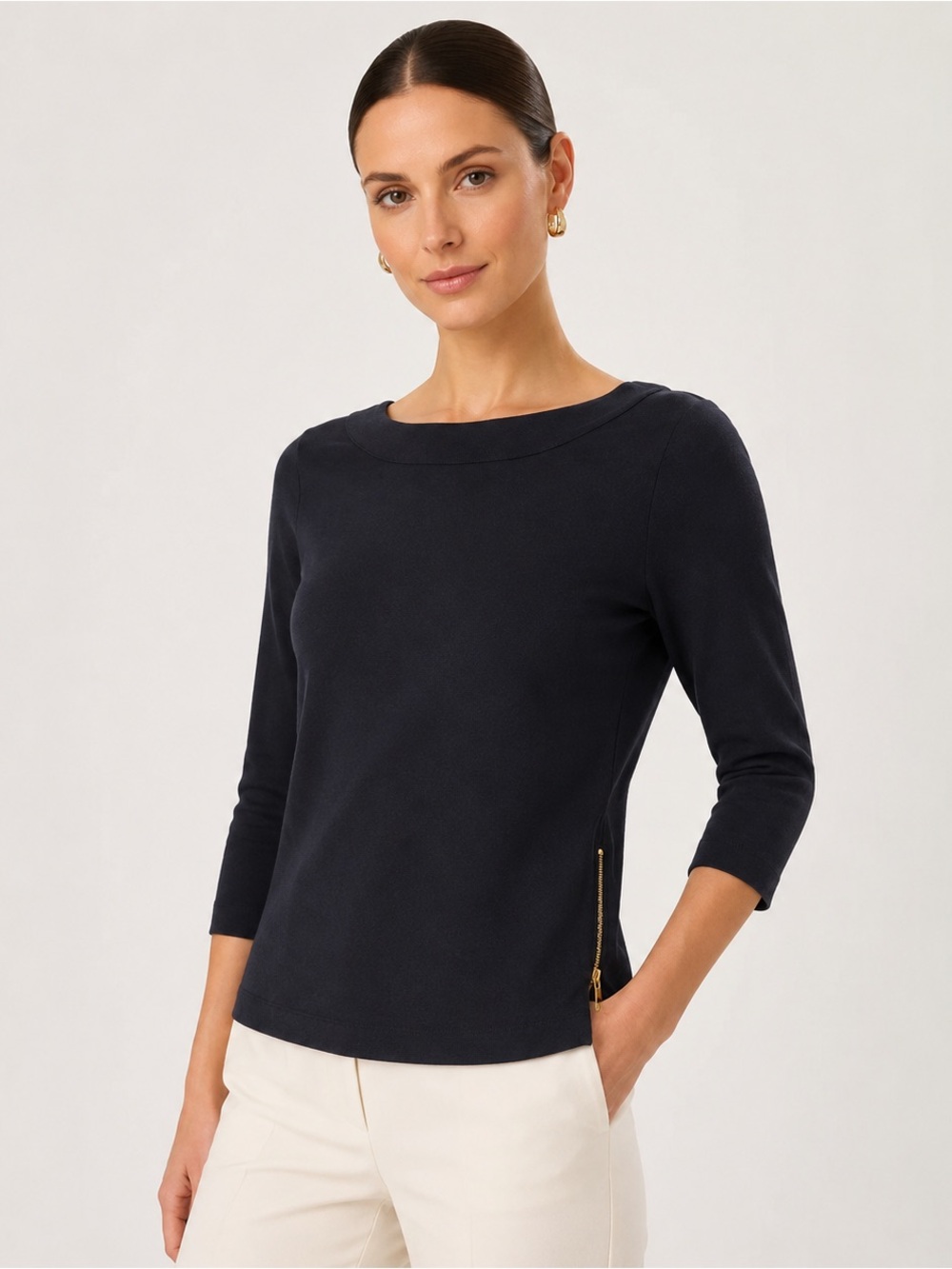 Ann Taylor Petite Black 3/4 Sleeve Top | Gold Side Zippers | Size SP Scoop Neck